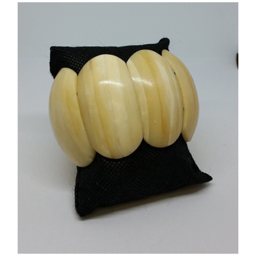 Natural bone polished carved stretch bracelet wide statement